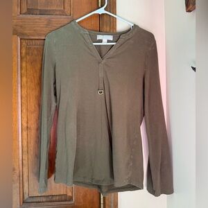 Michael Kors Brown Long Sleeve Henley Top with Ring Detail